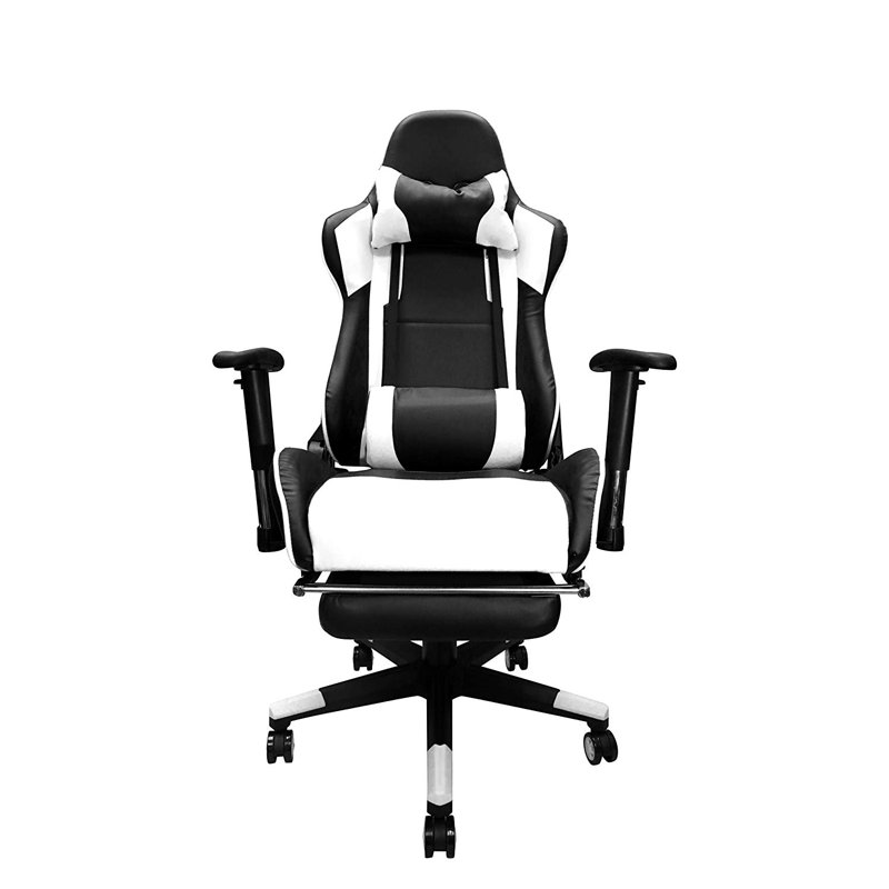 Symple Stuff Reclining Ergonomic Faux Leather Swiveling PC & Racing Game Chair with Footrest, White/Black, White/Black