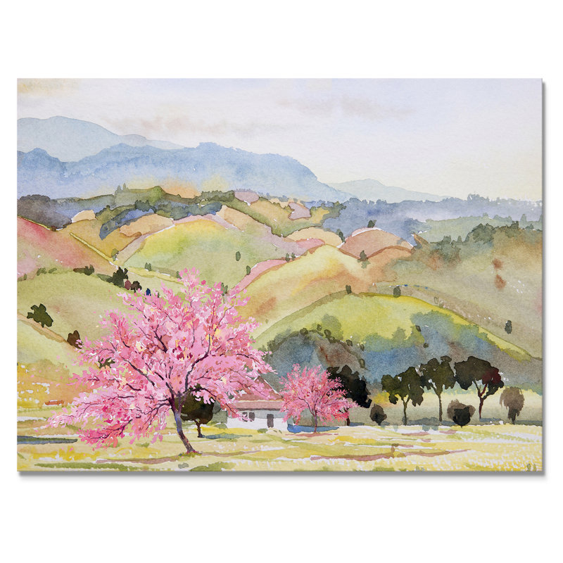 «Pink Mountain Tree in Autumn Landscape», peinture sur toile, L 40 po x H 30 po, Toile tendue