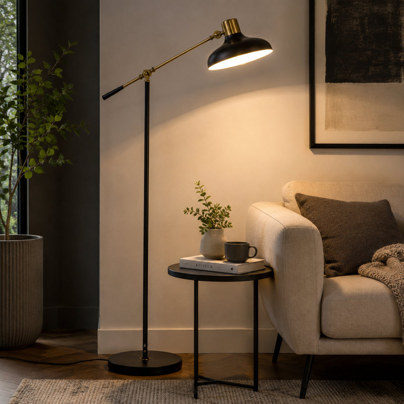 Lampe sur pied noire et dorée avec un bras long et équilibré; réglable en hauteur et convient aux salons et aux chambres à coucher.
