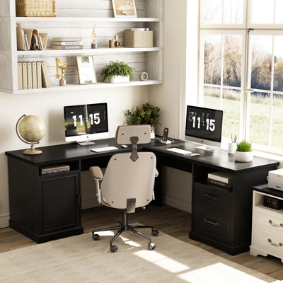 Bureau en L 60 po avec tiroirs en bois