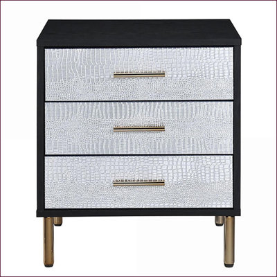 Black/Silver/Gold 3-Drawer Nightstand with Metal Legs