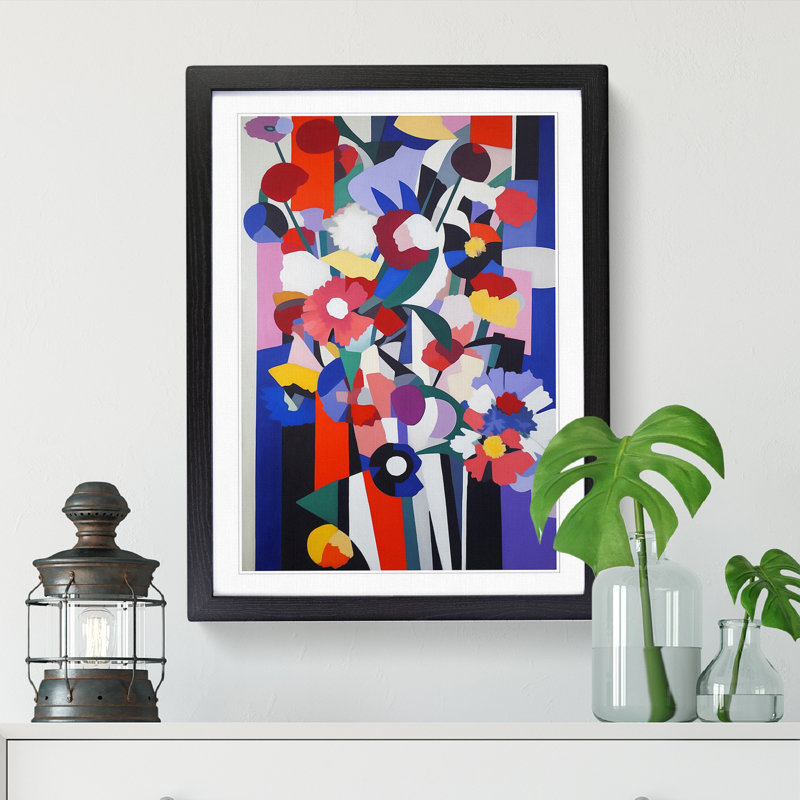Colourful Flowers Bauhaus - Single Picture Frame Print, 64cm H x 46cm W, Black Framed