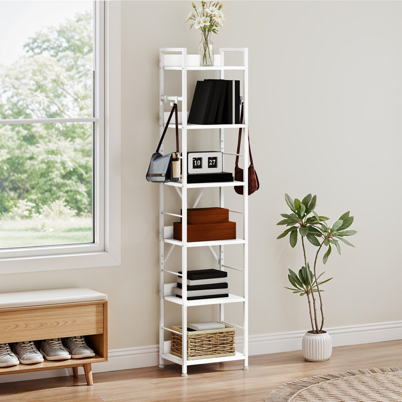17 Stories 6-Tier Floor Standing Bookcase With 4 Hooks, White