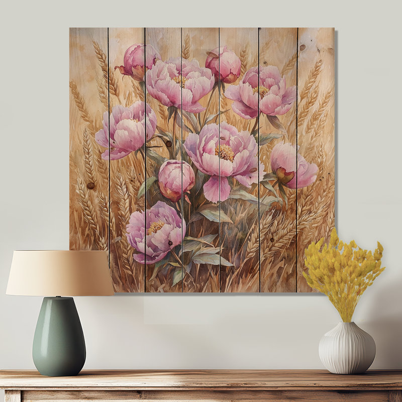 Pivoines dans le champ de blé II - impression de bois de pivoines - sur bois de pin naturel, H 25 po x l 25 po x P 0,78 po