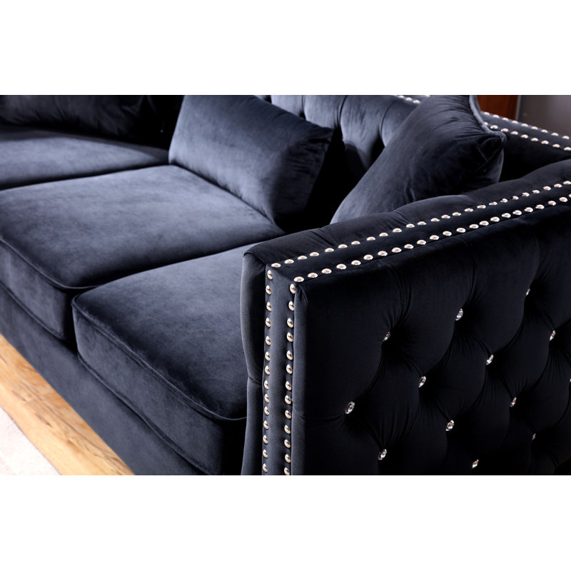 Paige Mid Century Modern Velvet Sofa, Black Velvet