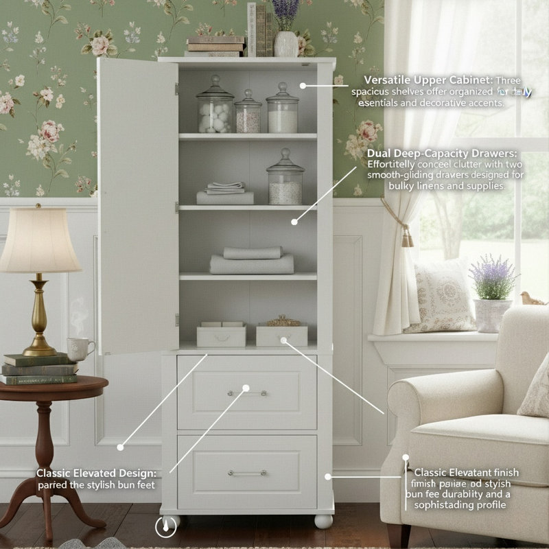 61" Tall Bathroom Linen Cabinet With 2 Drawers And Large Door Cabinet, Moisture-Resistant MDF Storage Tower For Towels And Toiletries