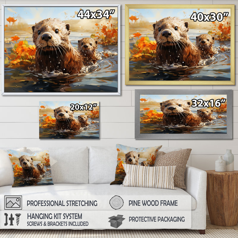 «Billey Brown Otters Odyssey», reproduction sur toile, Cadre flottant doré, H 34 po x l 44 po x P 1,5 po