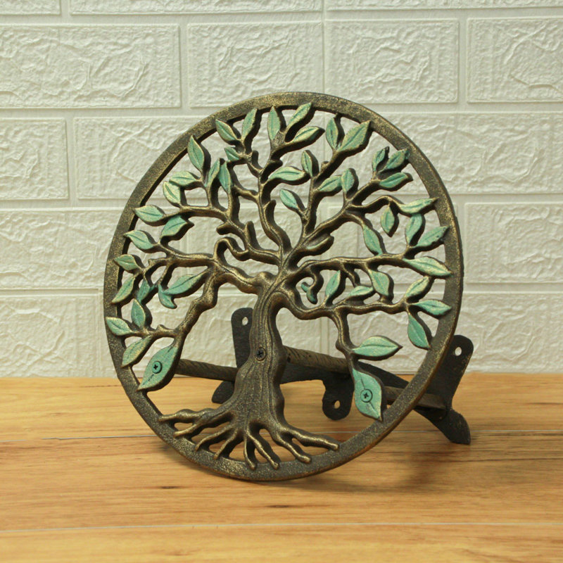 Support mural pour boyau d'arrosage en fonte, motif Arbre de Vie, vert et bronze, 29 cm de large