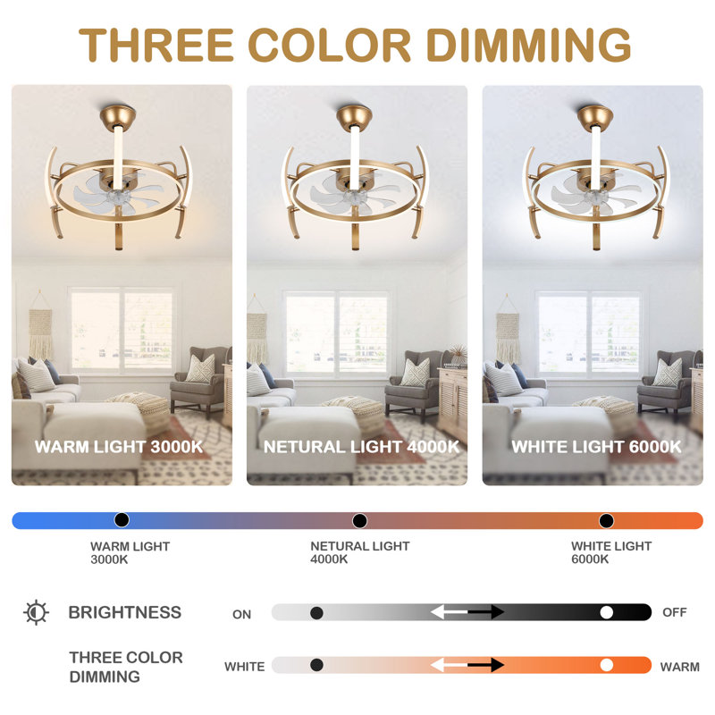 Ausable 24'' Futuristic UFO Design DIY Shapes Bladeless LED Ceiling Fan with Dimmable Lights and Remote, Gold