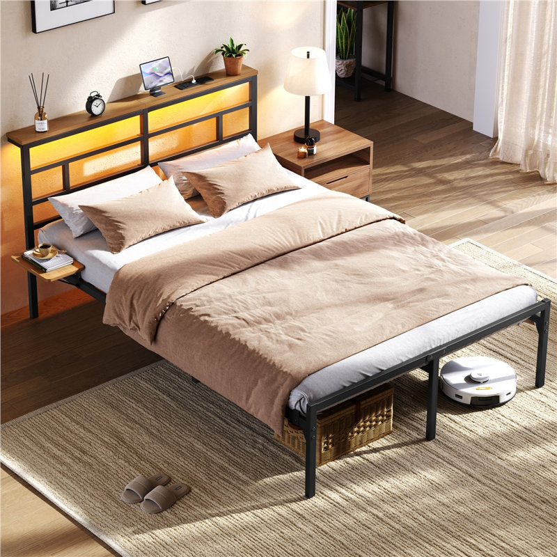 Metal Bed Frame with Charging Station & LED Headboard & Movable Storage Rack, Double (4'6), Black