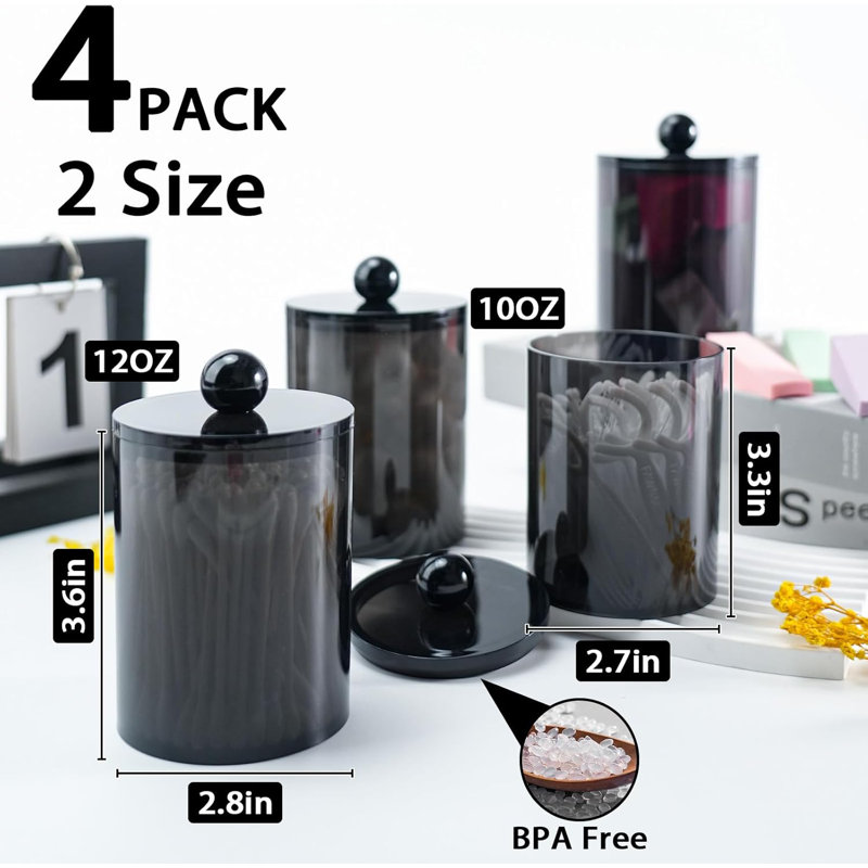 Ensemble de 4 porte-tampons en coton, ensemble de pots d'apothicaire, pots de bain avec couvercles pour cotons-tiges, boules, tampons, choix de soie, boîtes de rangement pour salle de bain en plastique 10 oz, 12 oz
