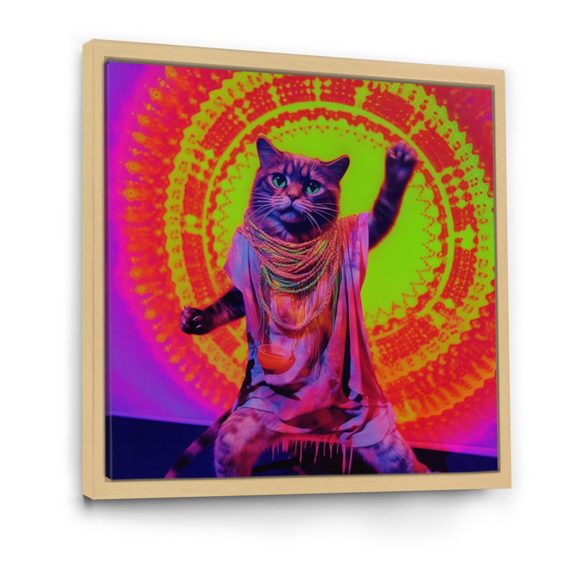Chat Rave en néon rose - imprimé, H 36 po x l 36 po x P 1,5 po, Cadre naturel flottant
