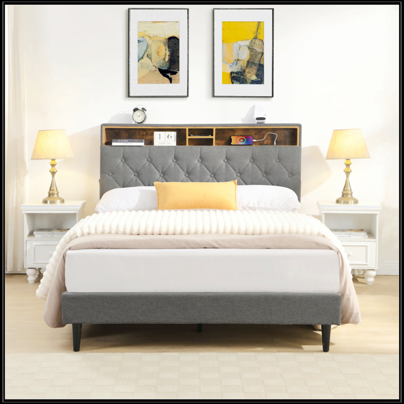 Grand lit plateforme tapissier, Gris foncé