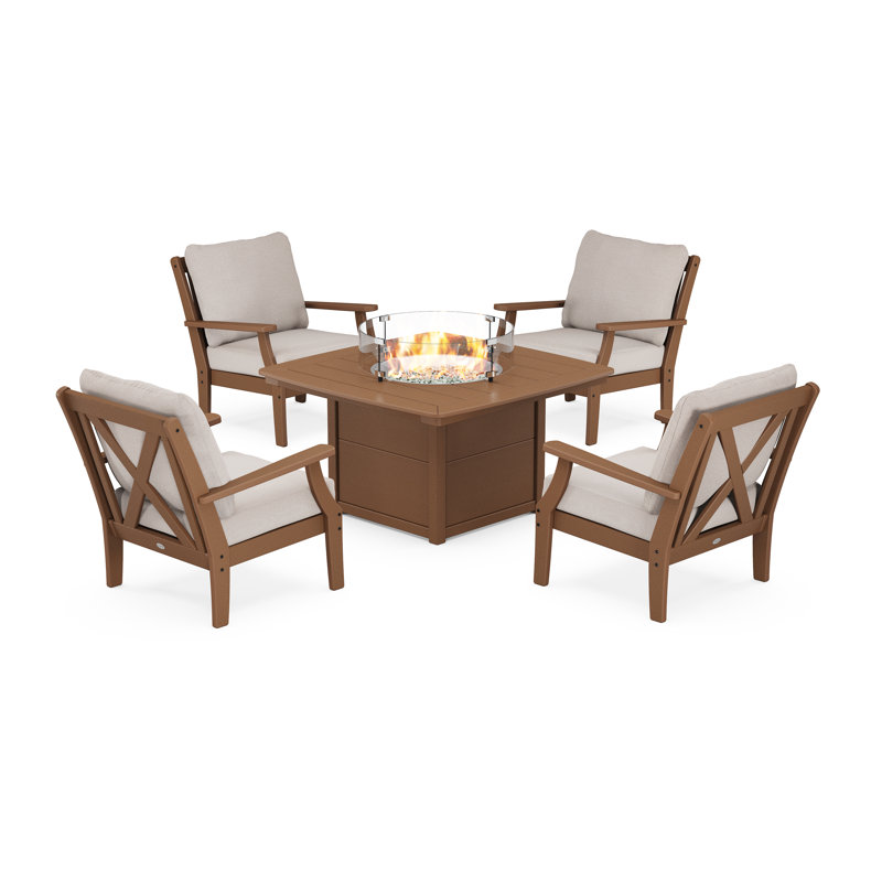 Braxton 5-Piece Deep Seating Conversation Set with Fire Pit Table, Teak, Dune Burlap Revolution®