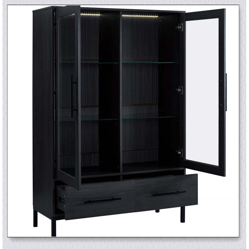 60'' Tall Display Cabinet with Tempered Glass Door, LED Lighting, Two Drawers, Modern Style Storage Cabinet for Living Room, Office & Study,