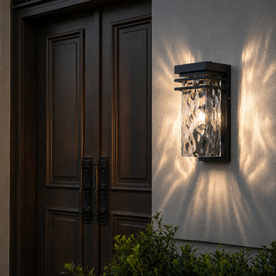 12 In. Dusk To Dawn Modern Black Outdoor Wall Sconce With Water Seeded Glass, 1 Pack