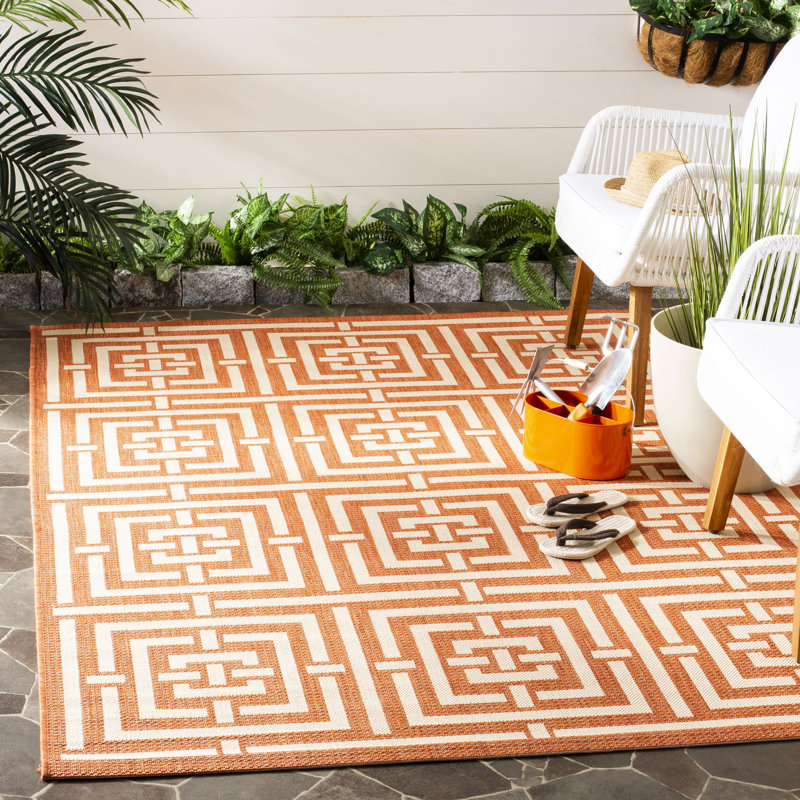 Arneshia Geometric Terracotta/Cream Indoor/Outdoor Area Rug, Rectangle 9' x 12'