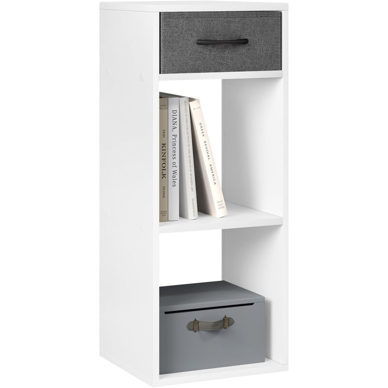Bookcase with 3 levels, free -standing shelf with 1 fabric drawer, 2 cubes, open shelf, small storage shelf, White