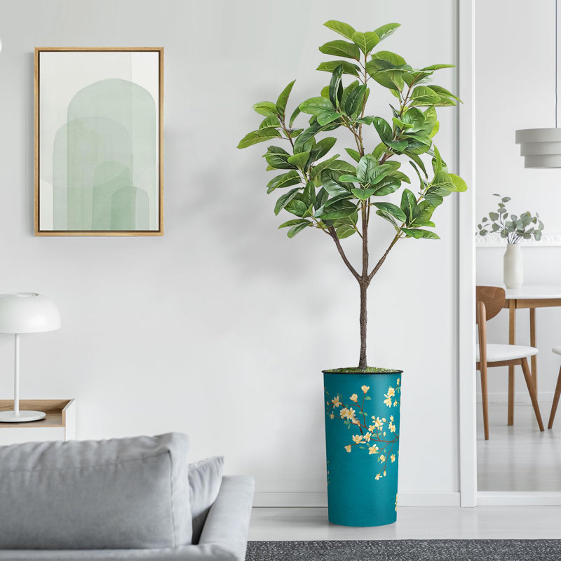 Arbre artificiel en fauve gris avec aquarelle abstraite pot de magnolia, Floral Blue
