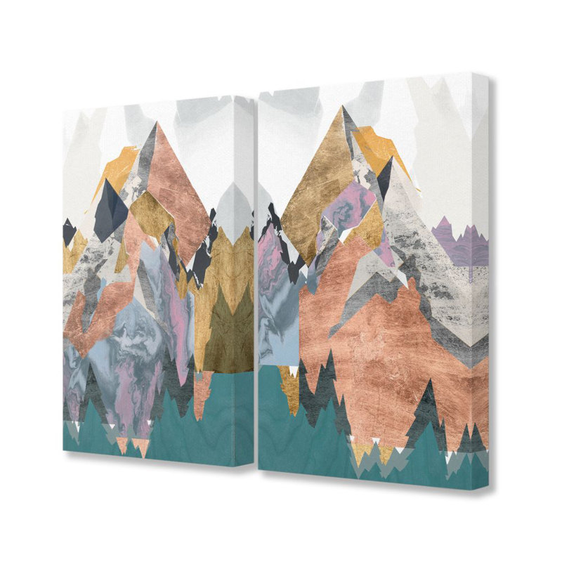 « feuille collage mountain landscape abstract designs » par jennifer grolierr-ensemble de 2 reproductions d’art, Toile tendue