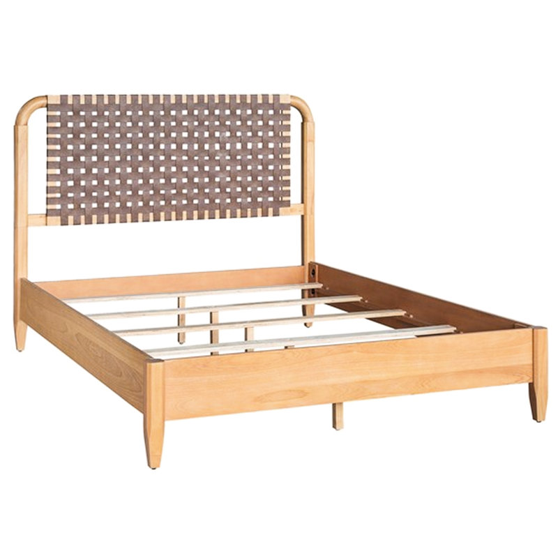 Grand lit tissé en similicuir avec éléments de style Mid-Century, structure en bois massif, tête de lit à style ouvert, pieds fuselés, 5 lattes, lit à assembler, conception, fabrication, finition érable arrondi