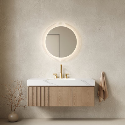Meuble-lavabo 48 po et lavabo, comptoir en pierre frittée blanche, armoire en contreplaqué flottant, lavabo en céramique, 3 trous de robinet pré-percés, look, plateau de rangement à mécanisme de fermeture en douceur, tiroir, portes, look
