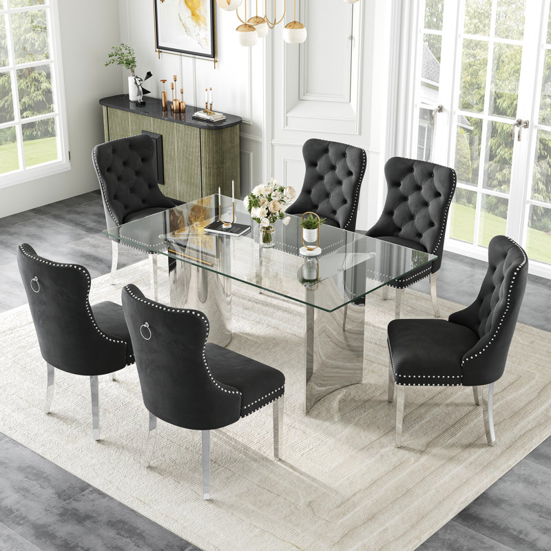 63"Rectangular Tempered Glass Dining Table Set, Mid-Century Modern Velvet Upholstered Nailhead Trim Chairs With Stainless-Steel Double Pedestal Table