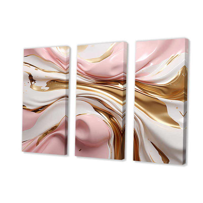 Rose et or liquide Glam Wave III sur toile, reproduction de 3 pièces, H 32 po x l 48 po x P 1 po