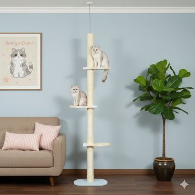 Tour pour chat à 4 niveaux, arbre à chat du sol au plafond avec réglage de la hauteur allant de 87 à 103 pouces, comprenant des plateformes recouvertes de peluche, des poteaux à griffes enveloppés de sisal et une balle de jouet suspendue pour chats d'intérieur, jaune