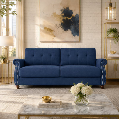 Transitional Button Tufted 3-Seater Sofa with Rolled Arms, Nailhead Trim, Polyester Upholstered Couch with Solid Pine Frame & Rubber Legs for Living Room（Blue）