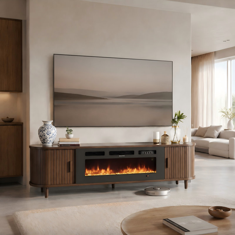 70" Walnut Fluted Fireplace TV Stand With Remote & Touch Control, Adjustable Flame Colors & Temperature, Entertainment Center With Storage For 80" Tvs, Modern Media Console For Living Room