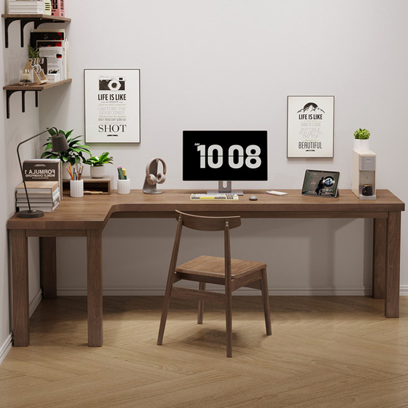 Bureau d'écriture en L en bois massif brun noisette, Retour à gauche, 29.53" H x 62.99" W x 39.37" D