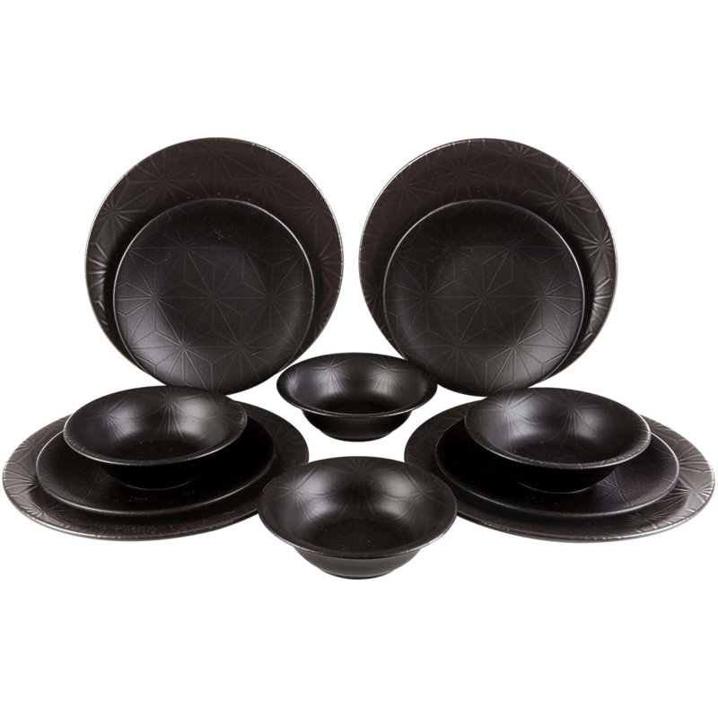 Service de table élégant en porcelaine durable 12 pièces Fulya pour les repas modernes et classiques, Noir