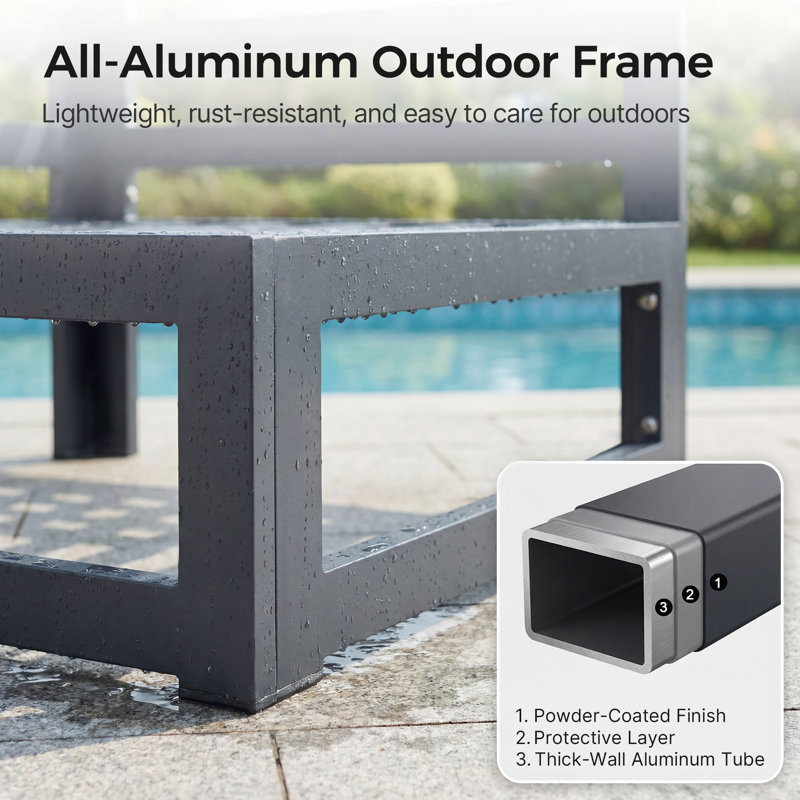 Anevaeh 8-Person Outdoor Patio All-Aluminum Sectional Conversation Set with Fire Pit Table and Cushions, Gray, Dark Gray