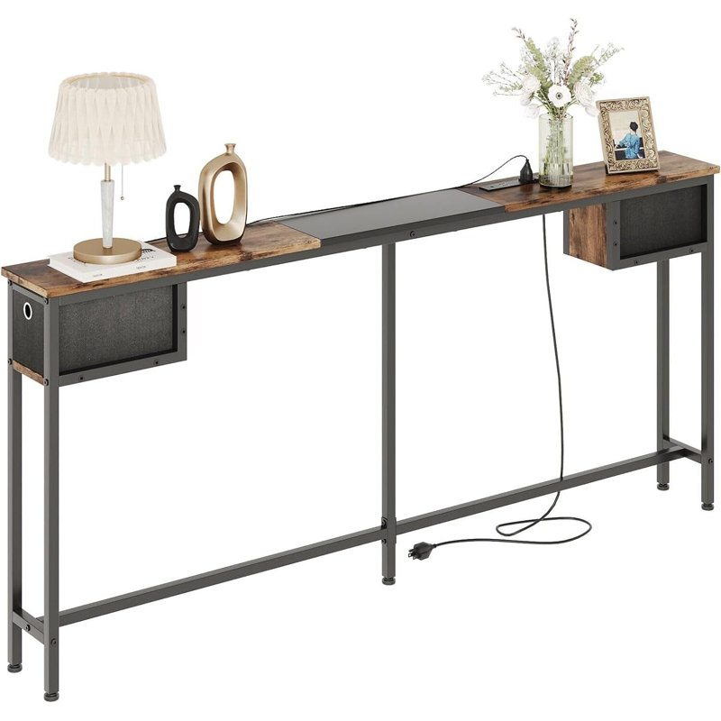 Rustic Brown Console Table – Narrow Entryway Table With Charging Station & Storage Drawers