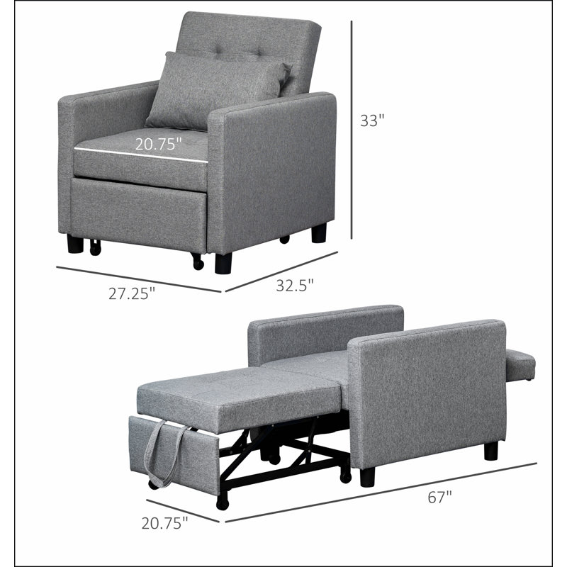 Canapé-lit convertible avec méridienne et fauteuil inclinable multifonctionnel avec tissu capitonné, dossier à angle réglable et coussin, gris