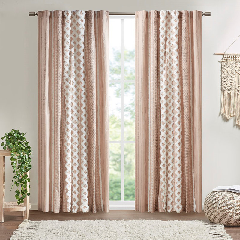 50x84"Room Darkening Cotton Curtain Panel with Chenille Stripe, Back Tab & Rod Pocket, Pink