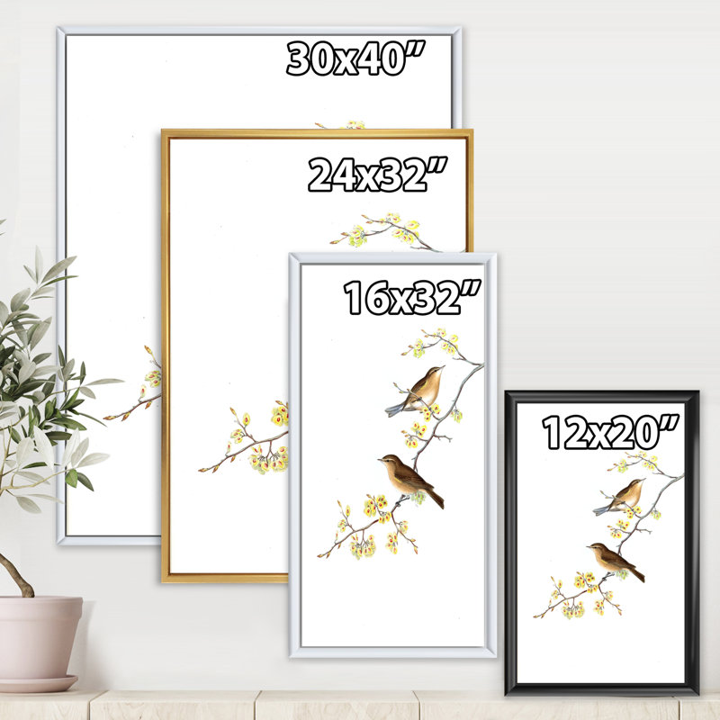 Little Birds On The Tree Branches II - Print on Canvas, Gold Floater Frame, 20" H x 12" W x 1" D