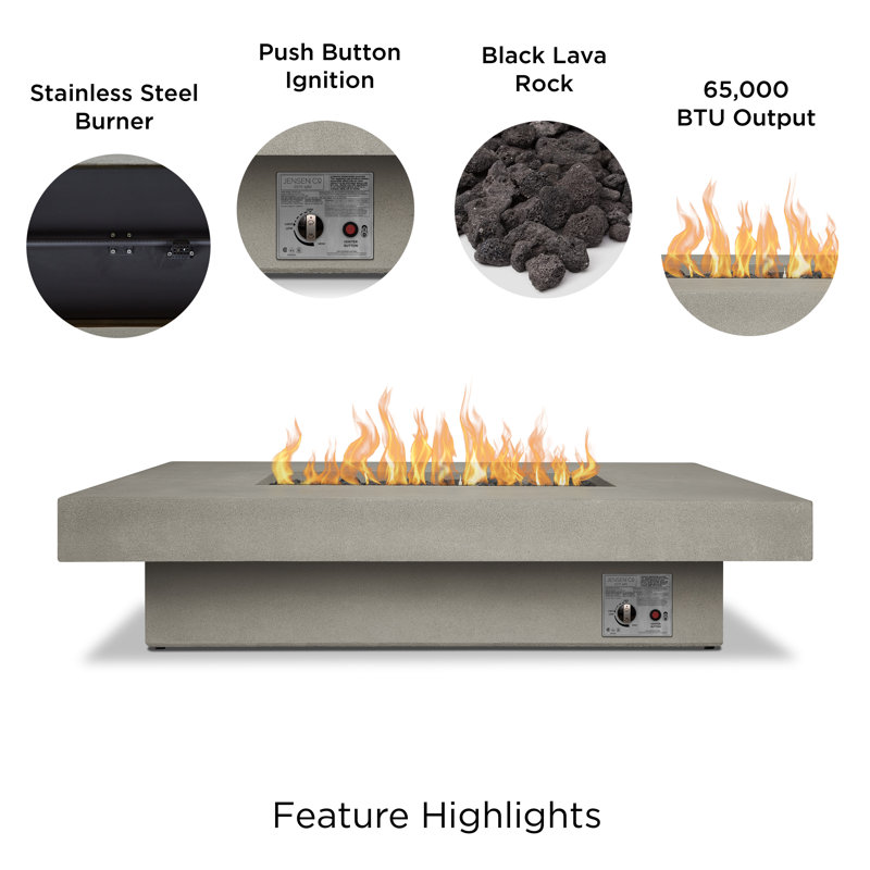 Geneva Concrete Propane Fire Pit Table, 14" H x 60" W x 45" D, Flint