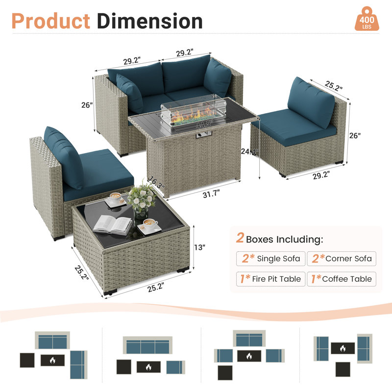 Ensemble de conversation pour patio 5 pièces en rotin avec foyer, Bleu paon