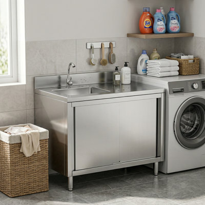 Évier utilitaire autoportant de 39 pouces en acier inoxydable, bol simple avec robinet et tablette de rangement pour cuisine, salle de bain, bar, ferme