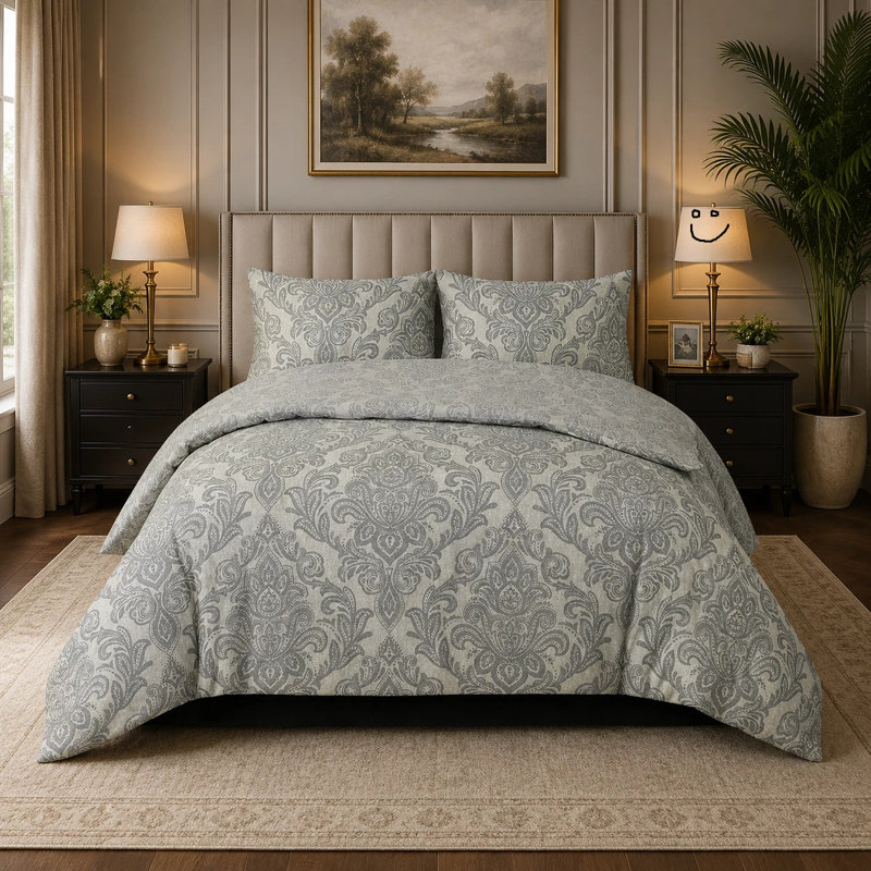 Cotton Damask Duvet Cover Set, King Duvet Cover Set + 3 Additional Pieces, Grey Damask