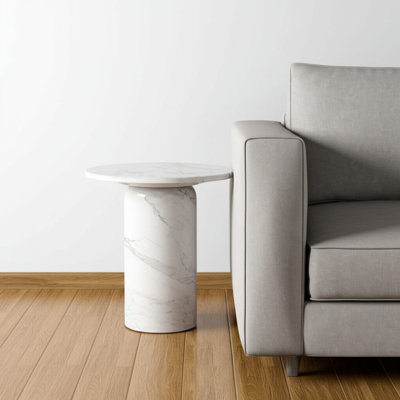 HomeRoots 16" White Marble and Wood Round Pedestal End Table