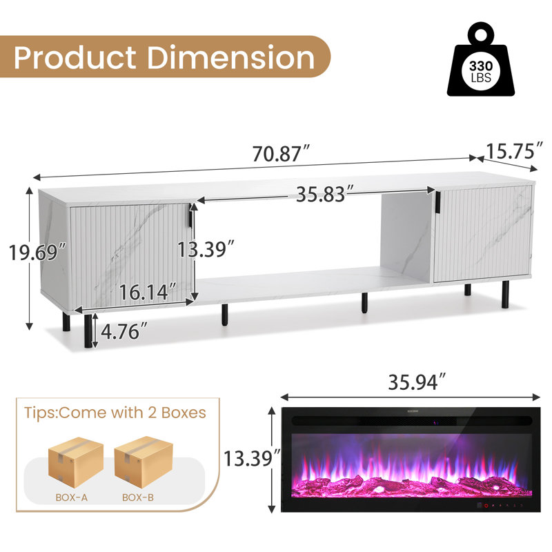 70" Fluted Fireplace TV Stand with 36" Electric Fireplace – Modern Media Console for TVs Up to 80" with Wood Grain Veneer Top and Metal Legs, White