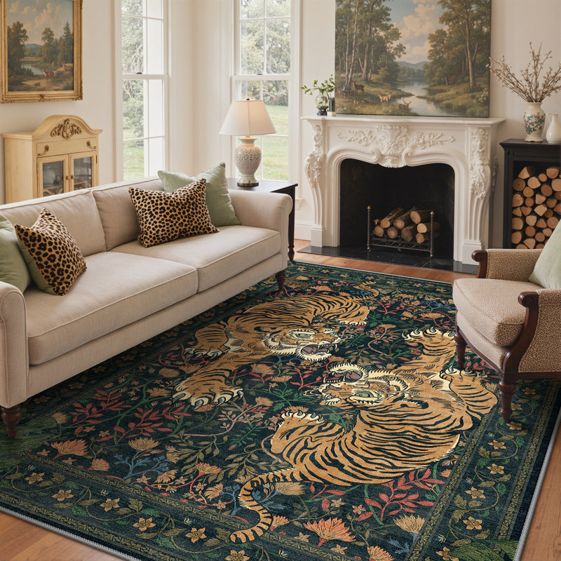 Teiarra Tiger Print Machine Washable Area Rug With Non-Slip Backing, Dark Green, Rectangle 8' x 10'