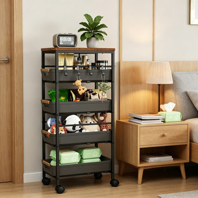 5-Tier Rolling Kitchen Storage Cart With Pull-Out Drawers, Wood Top And Lockable Wheels, Versatile Metal Organizer For Pantry, Living Room, And Office