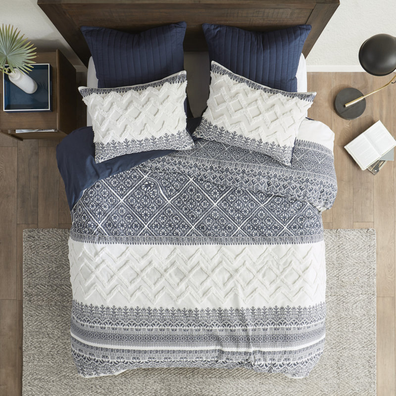 Full/Queen Navy Cotton Duvet Cover Set with Chenille Tufting