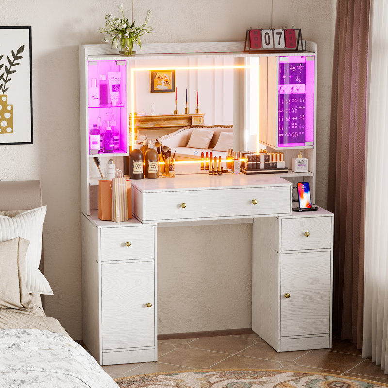 Grand bureau de maquillage avec miroir et lumières, ensemble de coiffeuse avec station de charge, table de maquillage avec 3 modes d'éclairage à DEL et tiroirs