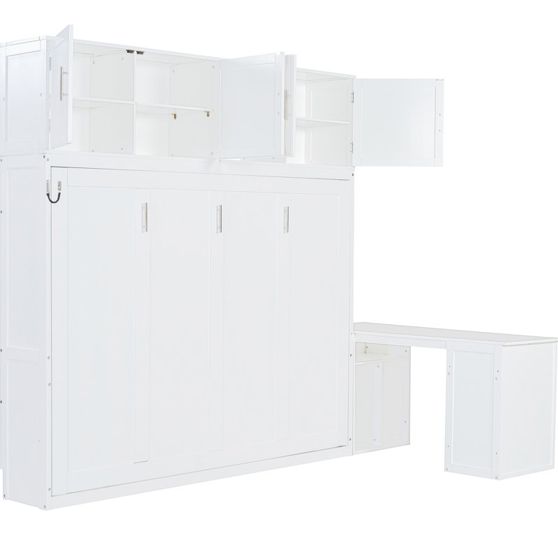 White Queen Size Wall Bed With Hydraulic Mechanism, Desk, And Storage For Bedroom, 600 Lbs Capacity Bed, Color, Storage, Weight Support