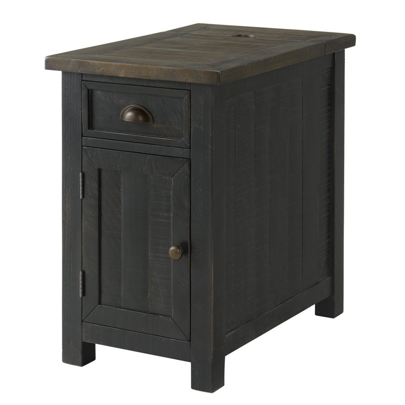 Balsam 25'' Tall Solid Wood End Table with Storage and Built-In Outlets, Brown/Black